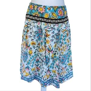 WD.NY Boho Style Multicolor Floral Pleat Detail Lined Linen Midi Skirt Size 8